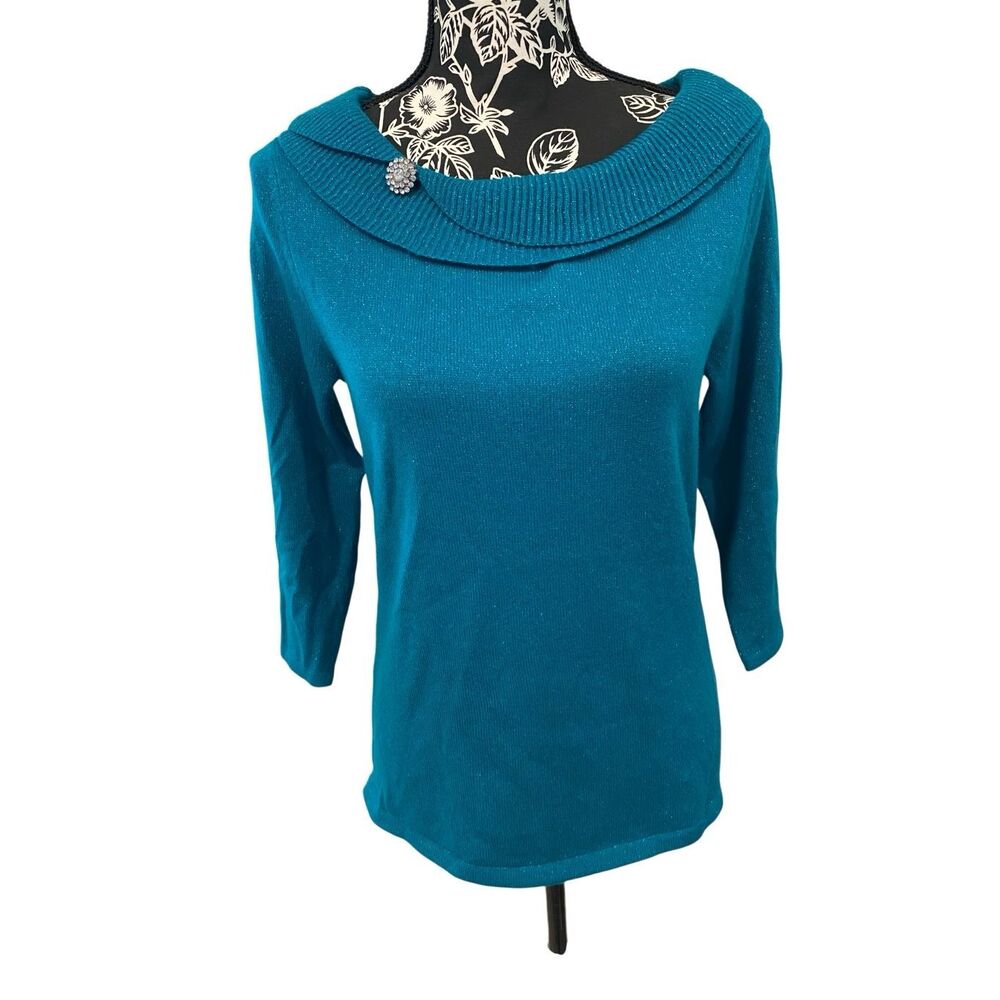 Sag Harbor Teal Shimmer Sweater Rhinestone Brooch Boat Neck Petite Knit Top